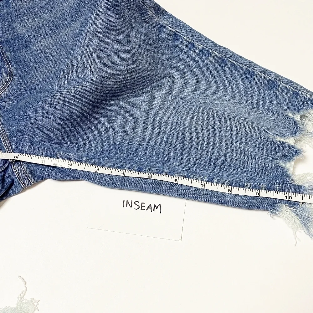 Good American Mid Rise Cutoff Bermuda Shorts denim blue jean‎ stretch long knee